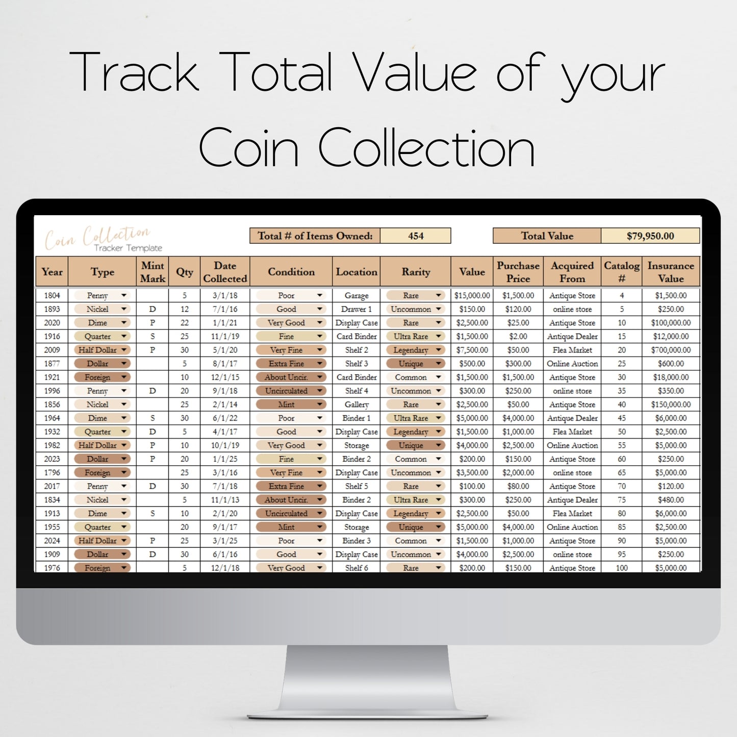 Coin Collection Inventory Spreadsheet Google Sheets and Excel Tracker