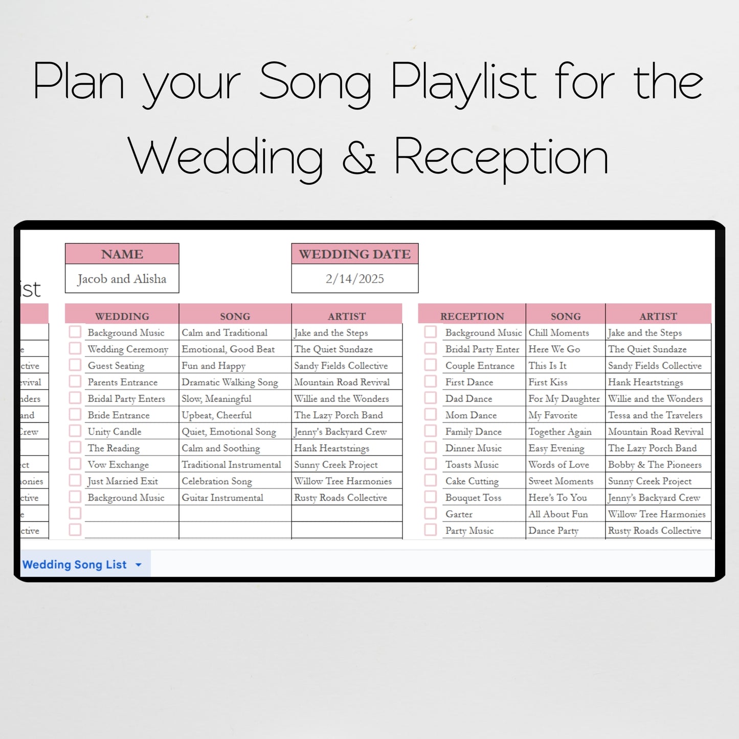 Wedding Song Playlist Template Google Sheets and Excel Spreadsheet