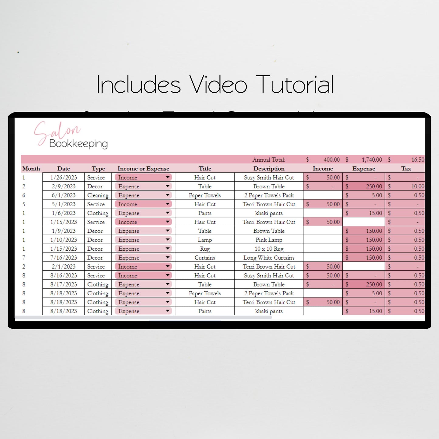 Salon Bookkeeping Template Spreadsheet Google Sheet