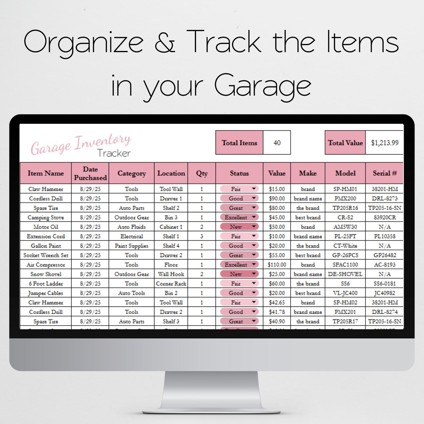 Garage Inventory Tracker Template for Google Sheets and Excel Spreadsheet
