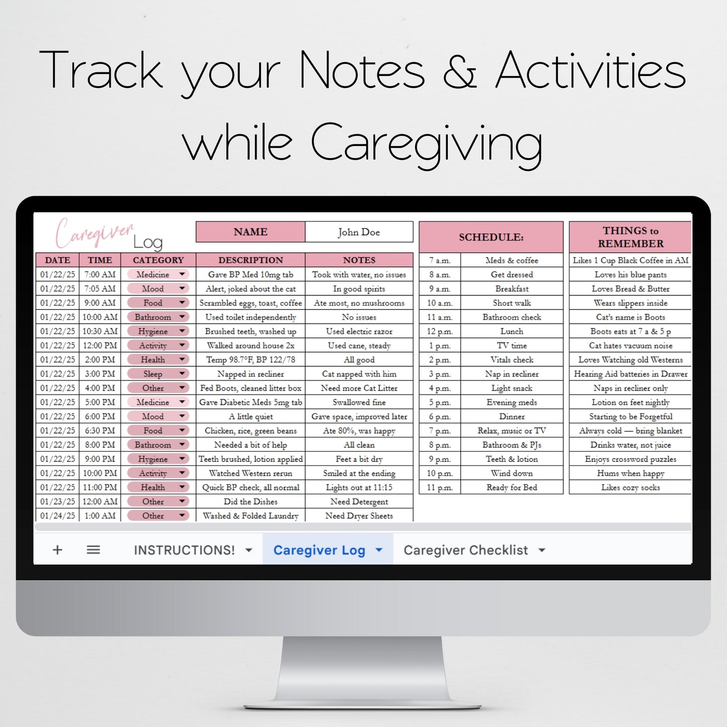Caregiver Log & Caregiver Checklist Tracker Template for Google Sheets and Excel Spreadsheet