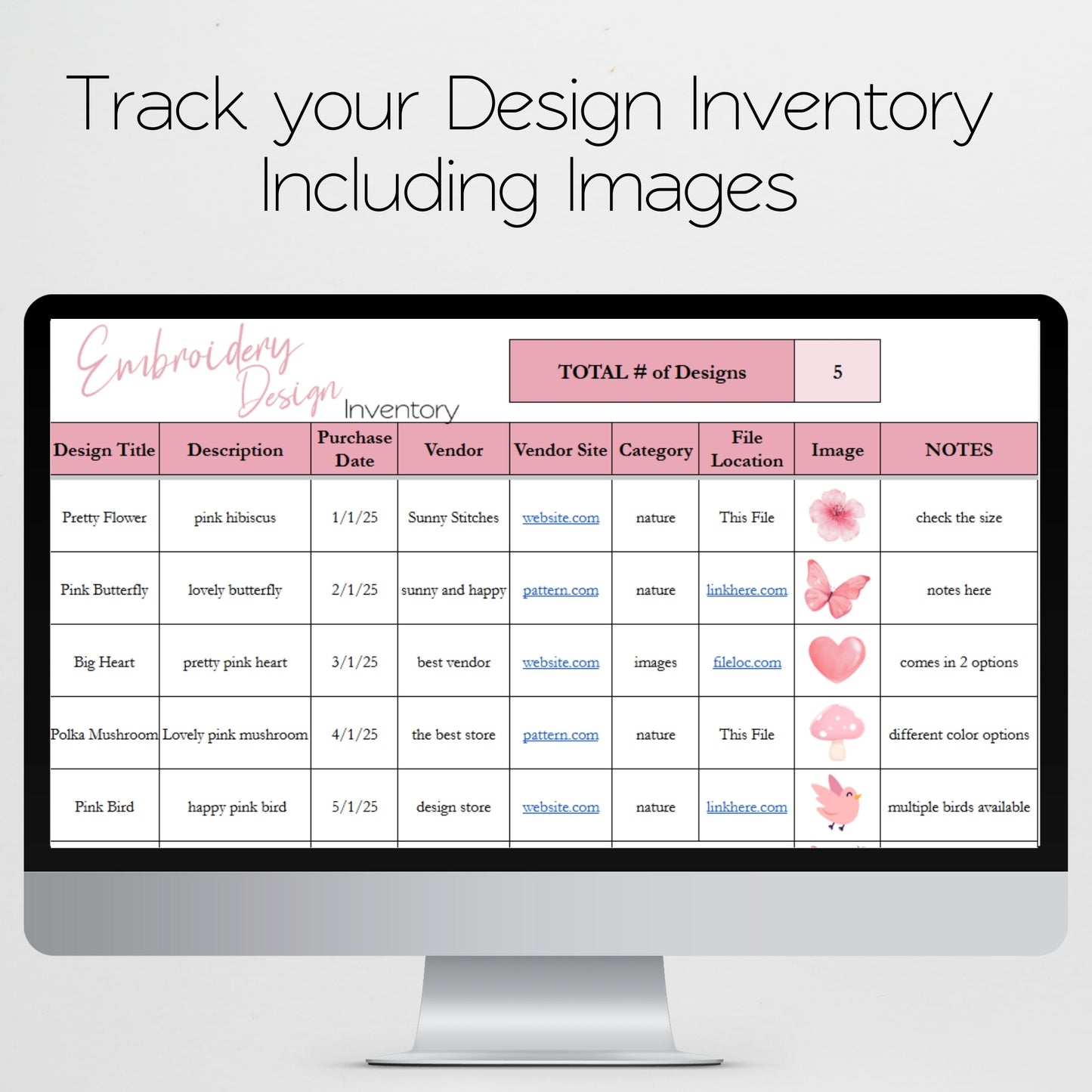 Embroidery Design Inventory Tracker Google Sheets Template and Excel Spreadsheet