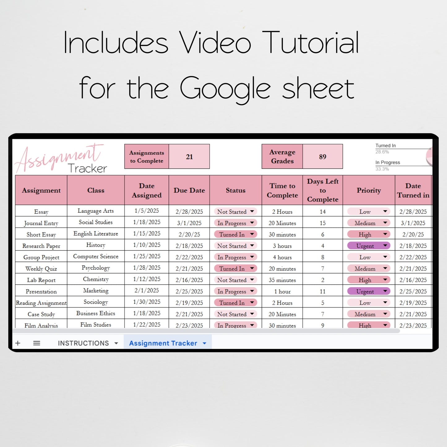 Assignment Tracker Template Google Sheet and Excel Spreadsheet
