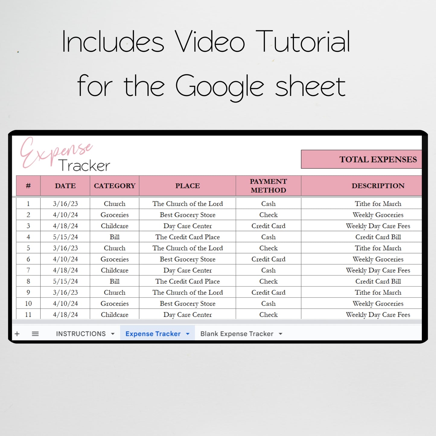 Expense Tracker Google Sheet, Expenses Log Excel Spreadsheet