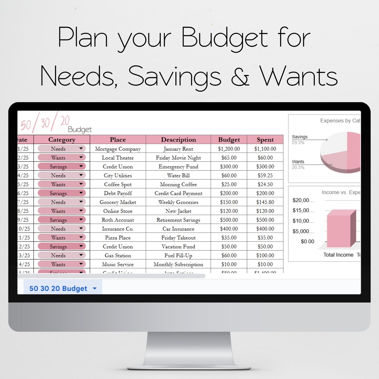 50 30 20 Budget Spreadsheet Template Google Sheets and Excel Spreadsheet
