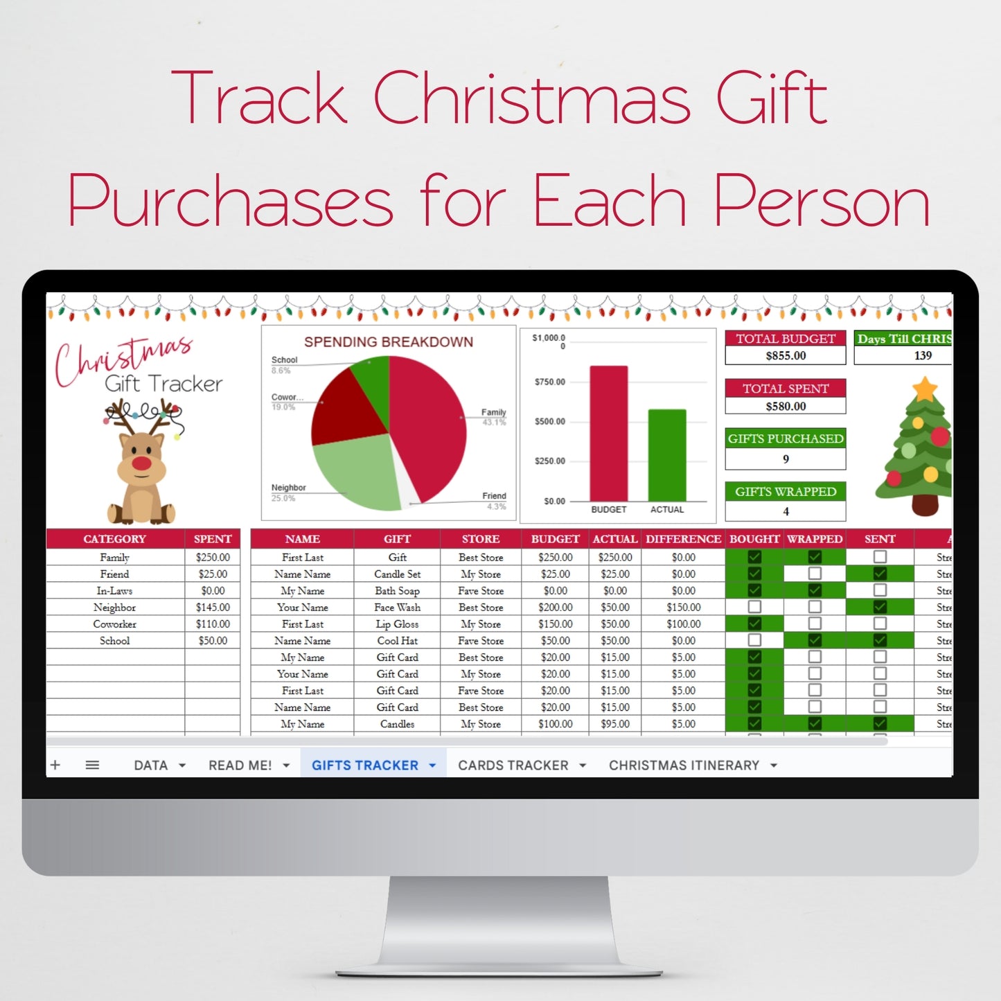 Christmas Gift Tracker Excel Spreadsheet, Holiday Budget Planner,