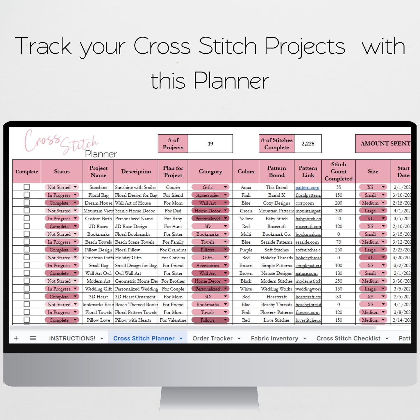 Cross Stitch Planner Template Google Sheet and Excel Spreadsheet