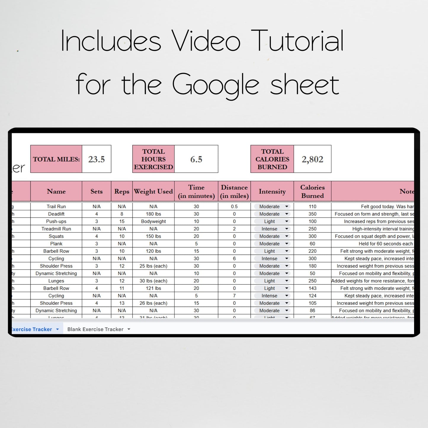 Exercise Tracker Google Sheet Template and Excel Spreadsheet