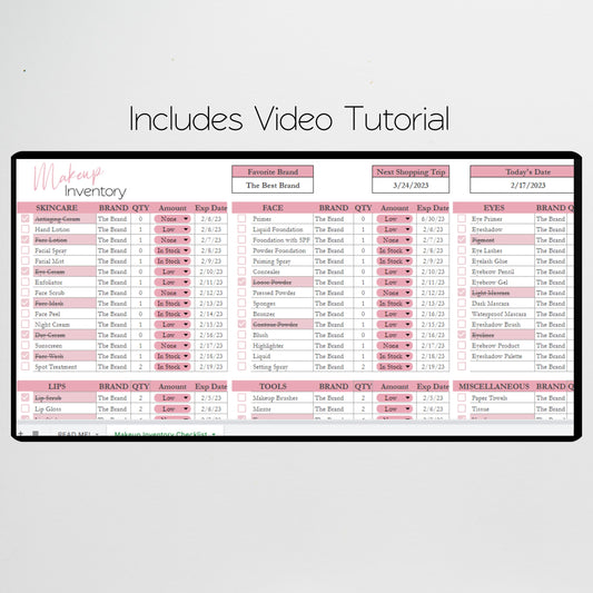 Makeup Inventory Google Sheet and Excel Spreadsheet