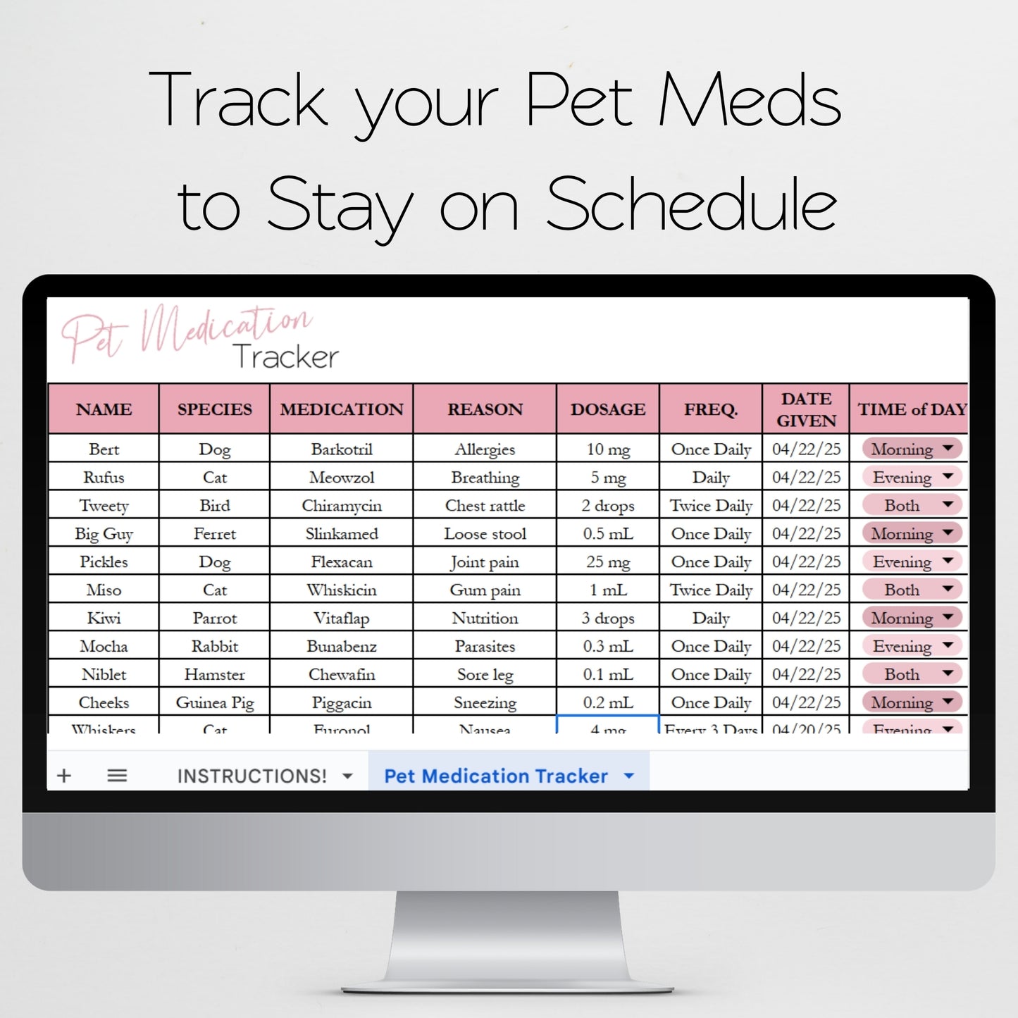 Pet Medication Tracker Template for Google Sheets and Excel Spreadsheet
