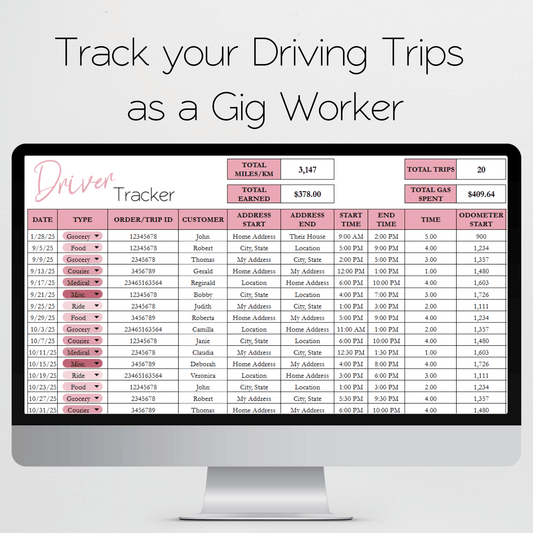 Gig Driver Log Template for Google Sheets and Excel Spreadsheet - Side Hustle Mileage Tracker, Income and Expense Tracker