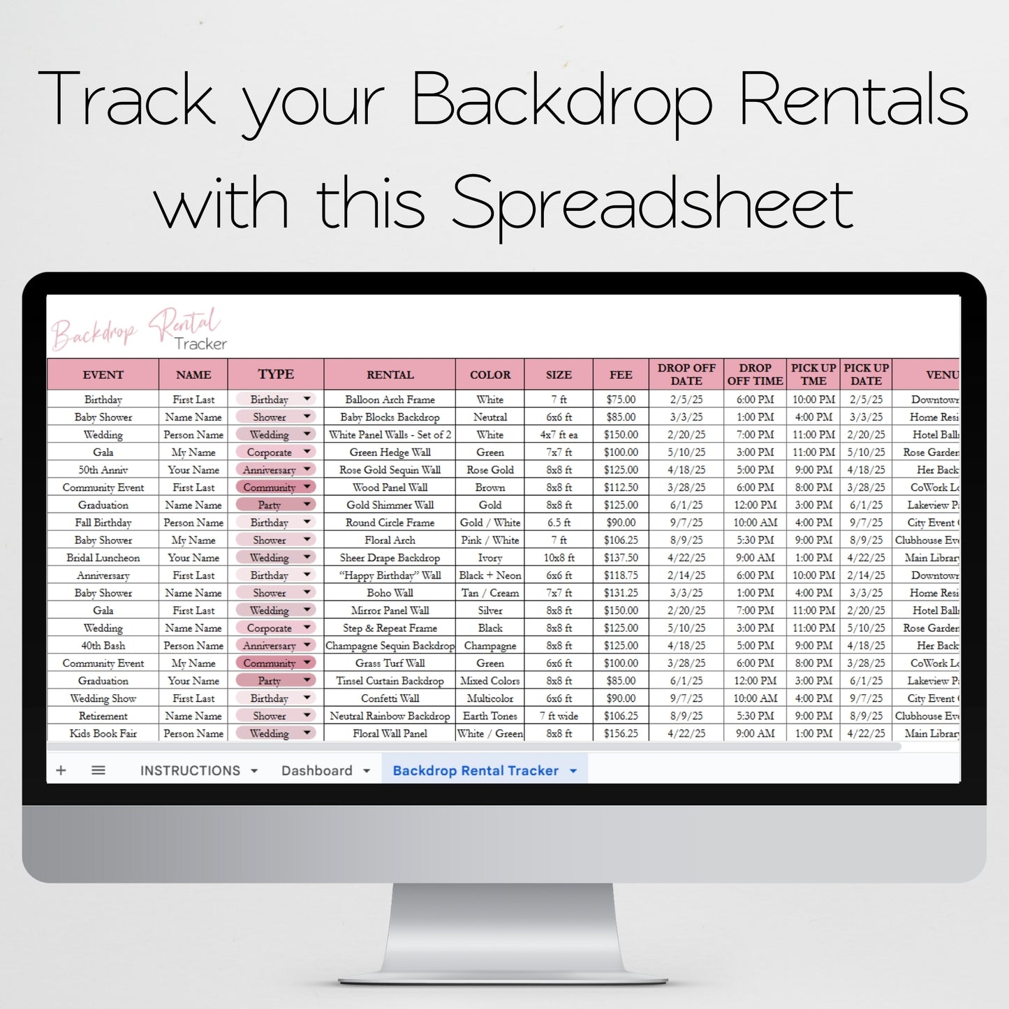 Backdrop Rental Tracker for Party Business Google Sheets and Excel Spreadsheet