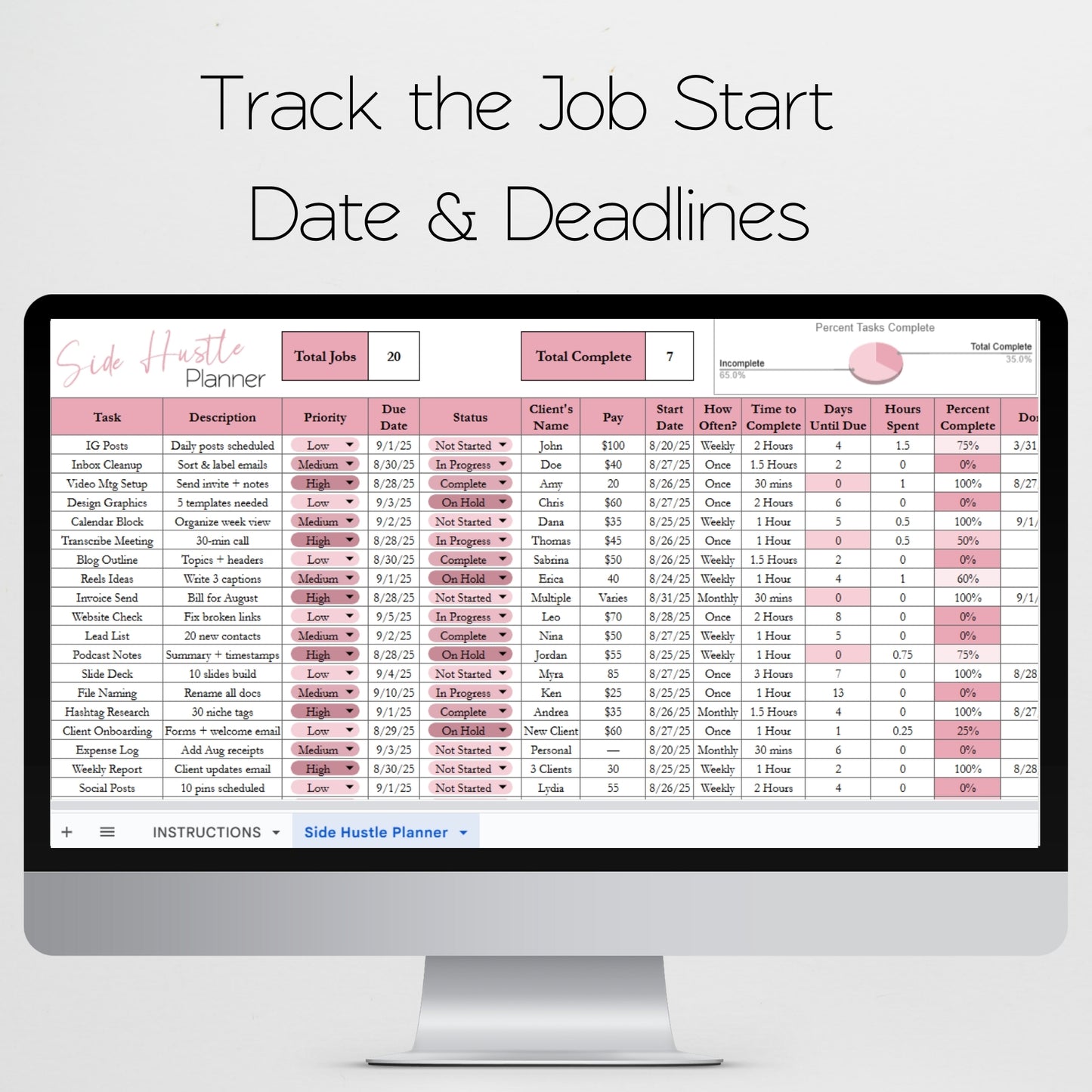 Side Hustle Planner Template for Google Sheets and Excel Spreadsheet