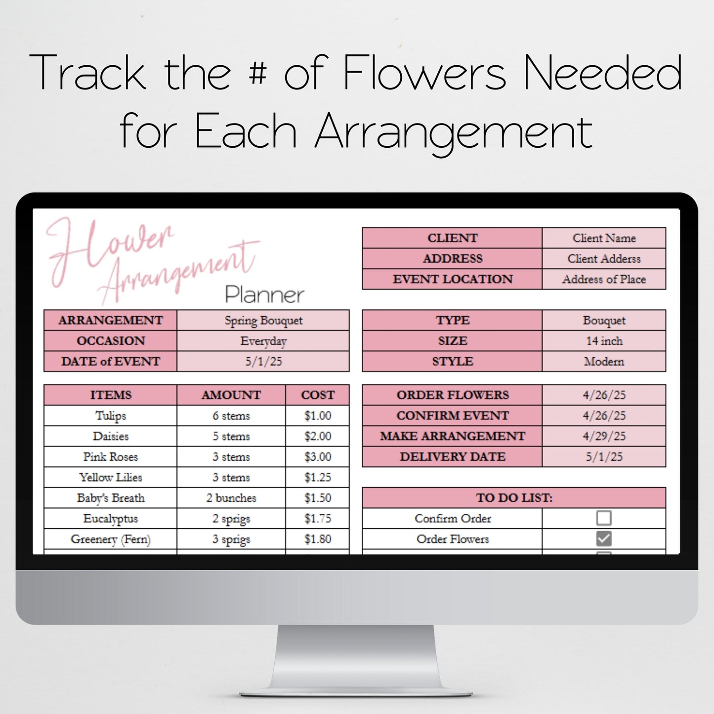Flower Arrangement Planner Template Google Sheets and Excel Spreadsheet