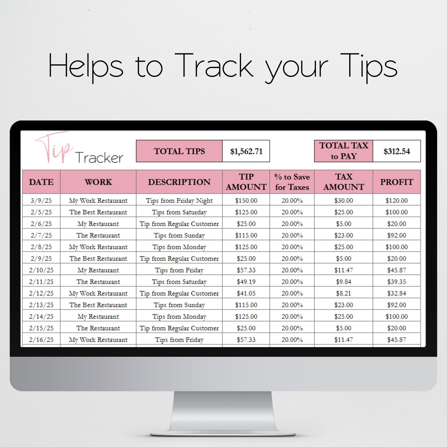 Tip Tracker Google Sheet and Excel Spreadsheet