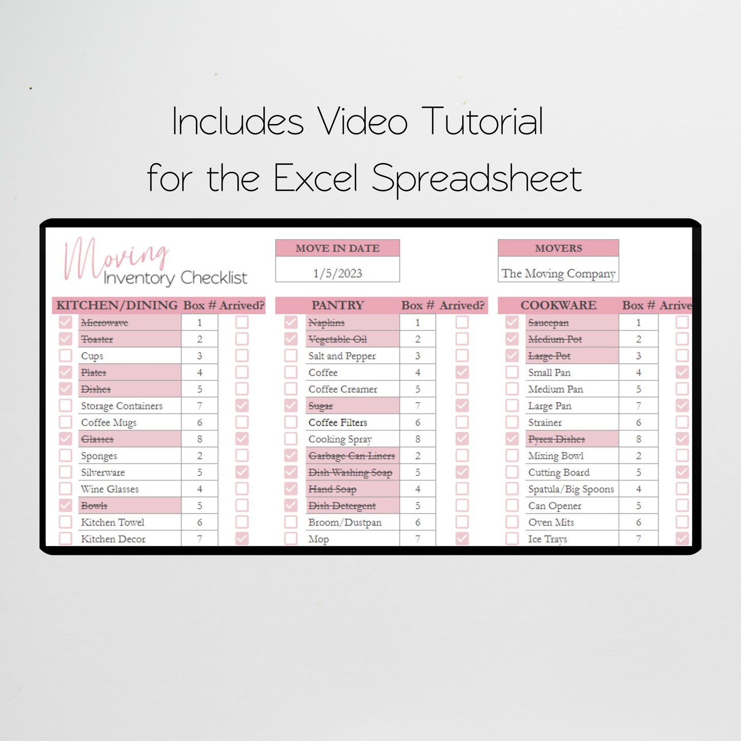 Moving Inventory Checklist Google Sheet and Excel Spreadsheet