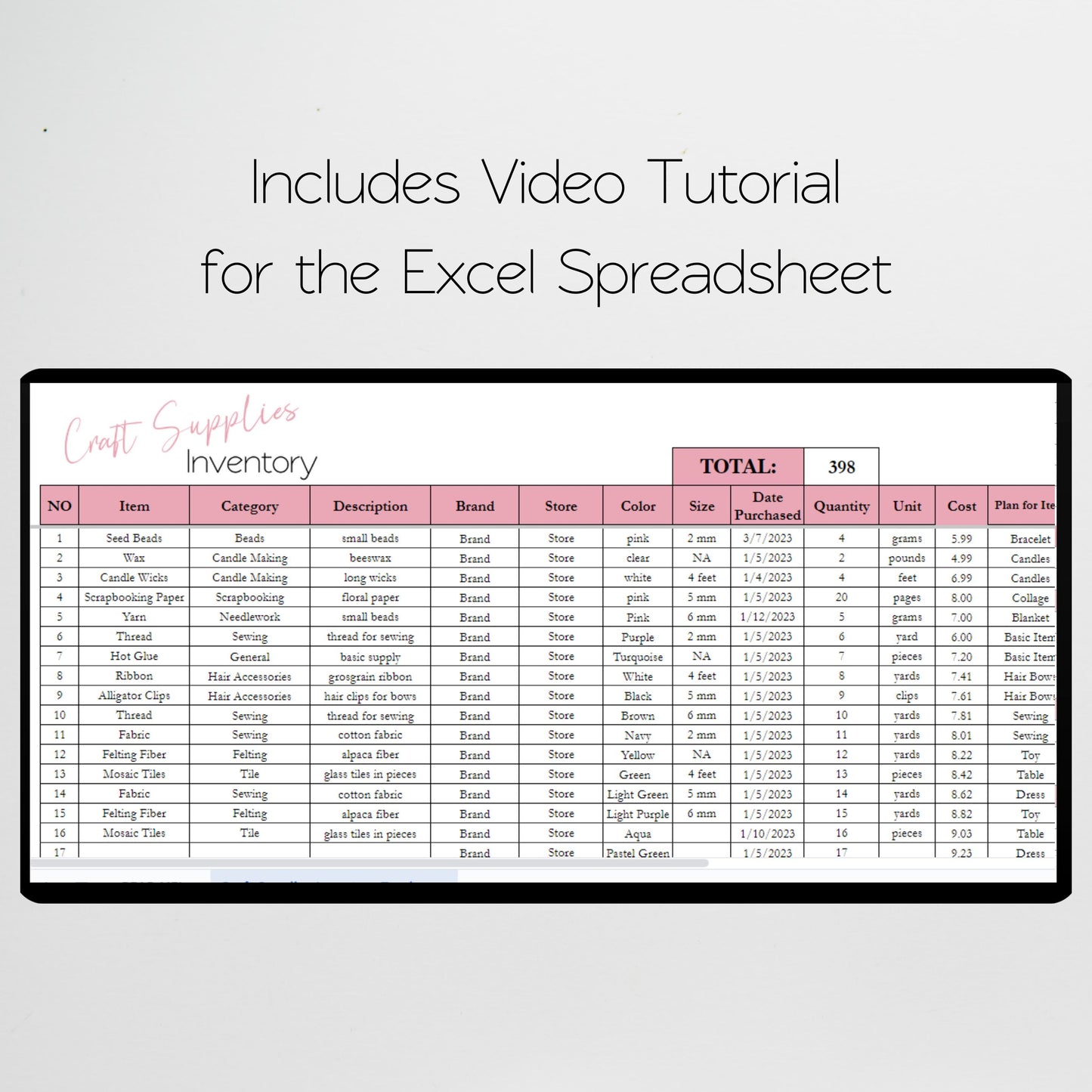 Craft Supplies Inventory Tracker Google Sheet