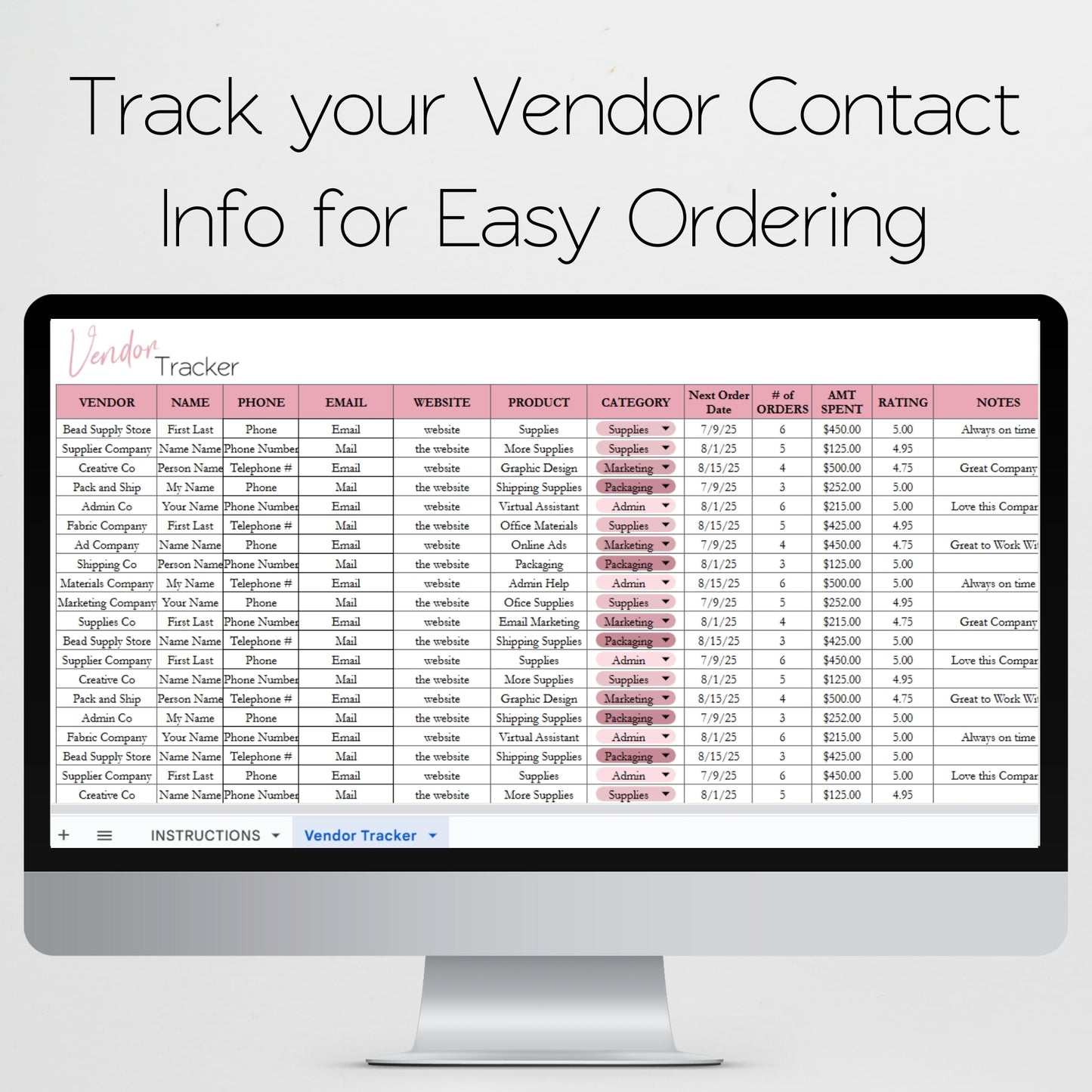 Vendor Tracker Template Google Sheets and Excel Spreadsheet