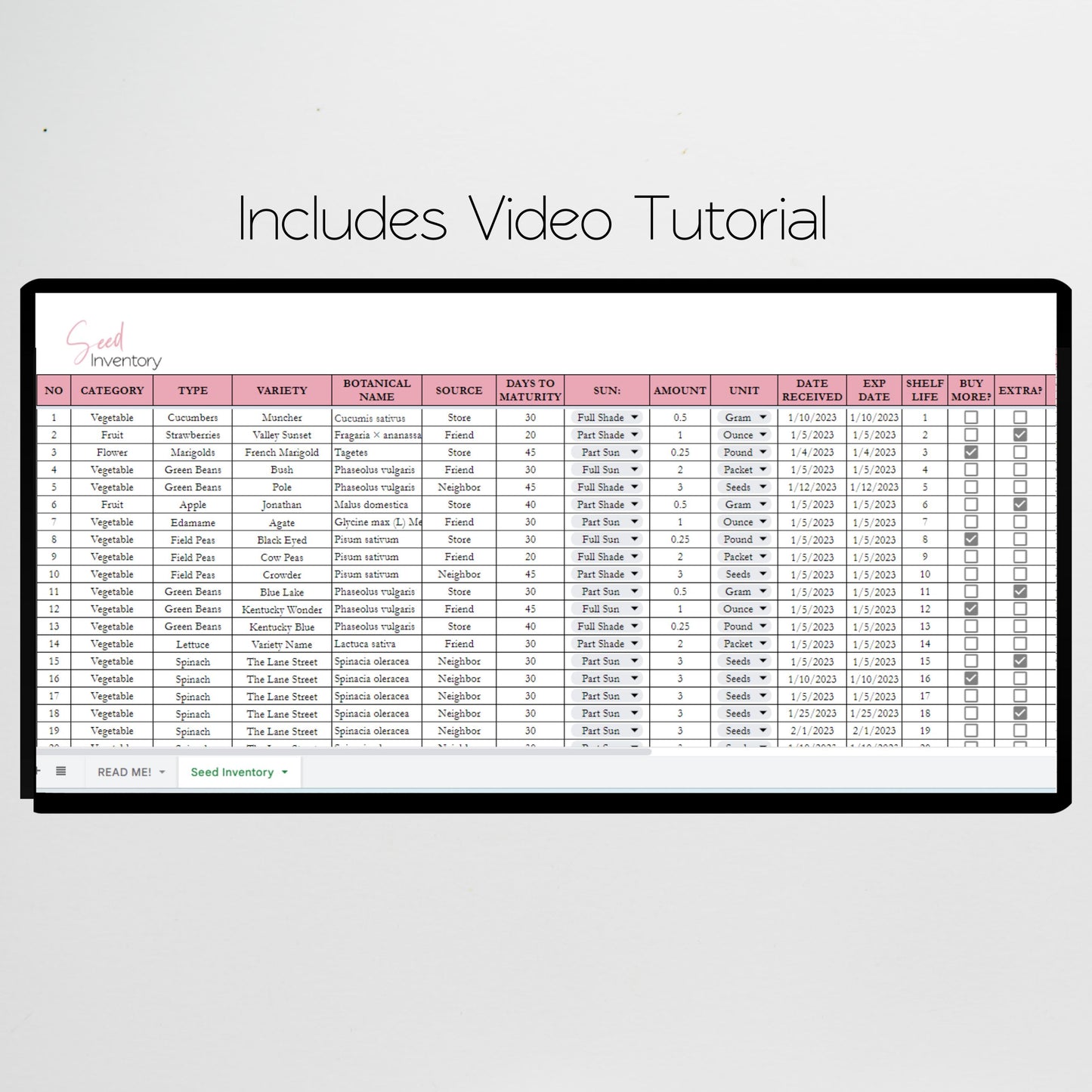 Seed Inventory Google Sheet and Excel Spreadsheet