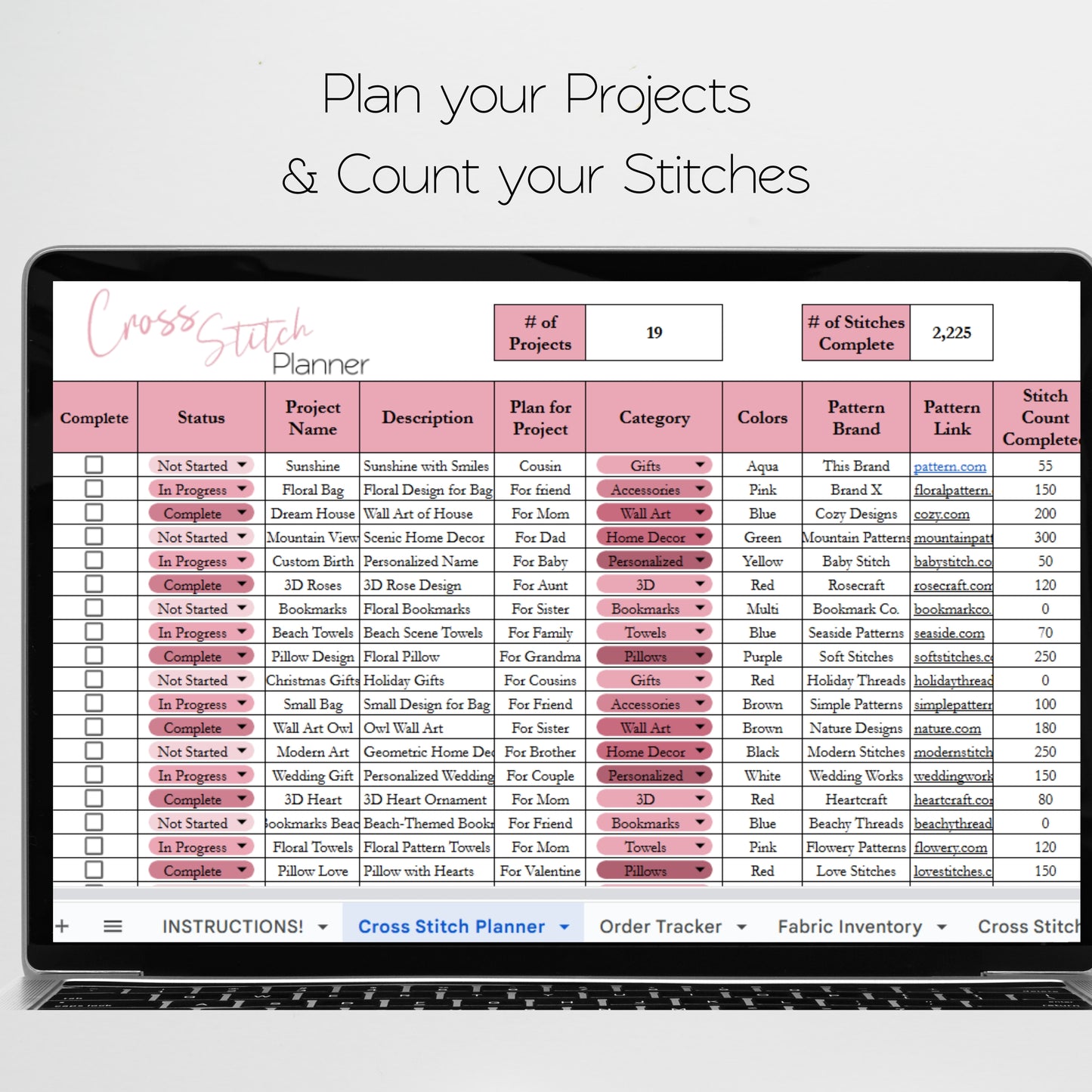 Cross Stitch Planner Template Google Sheet and Excel Spreadsheet