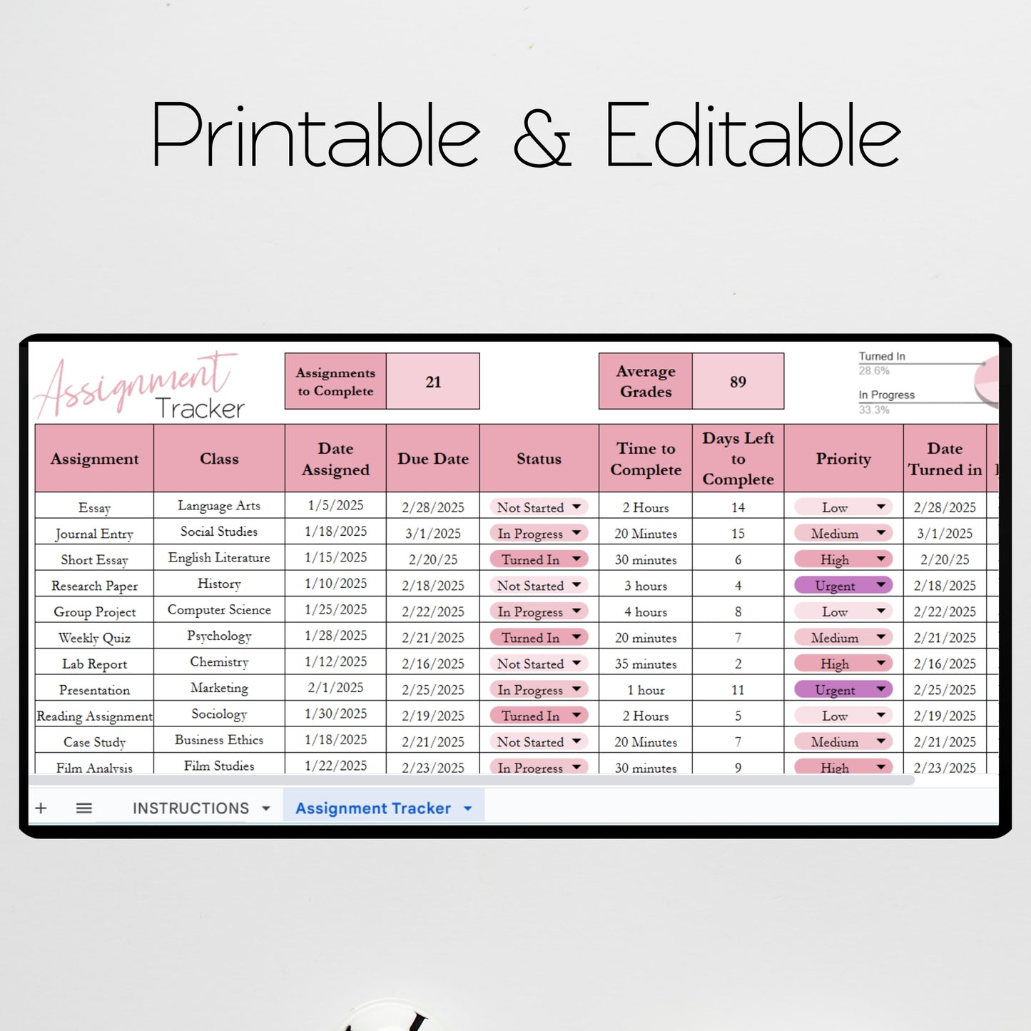 Assignment Tracker Template Google Sheet and Excel Spreadsheet