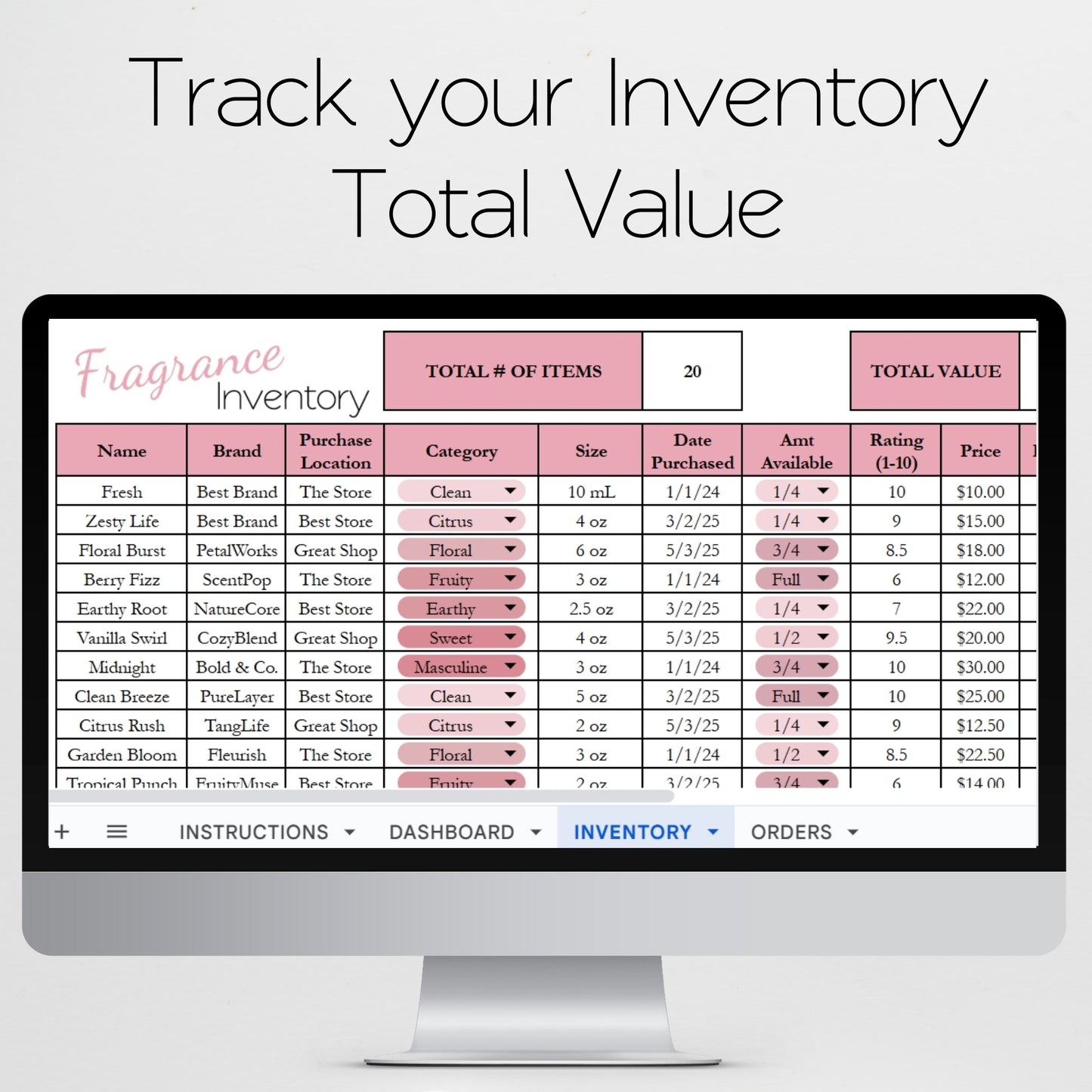 Fragrance Collection Tracker Template Inventory Tracking for Google Sheets and Excel Spreadsheet