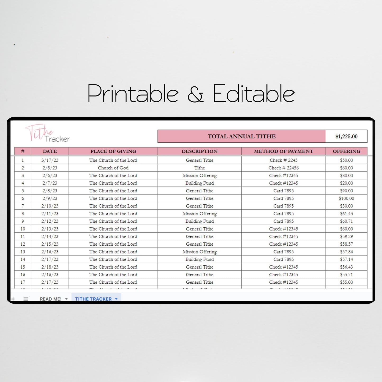 Tithe Tracker Google Sheet and Excel Spreadsheet