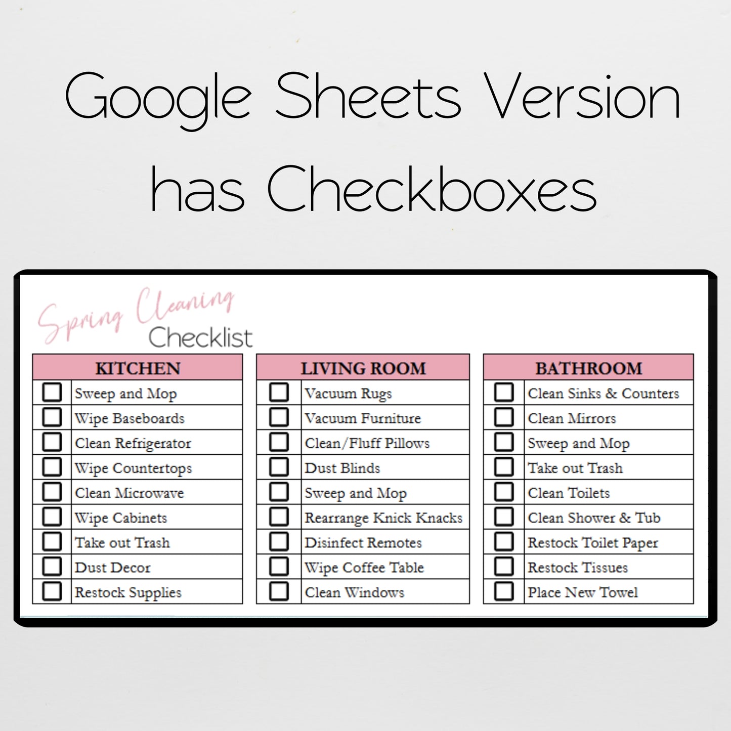 Spring Cleaning Checklist Google Sheets and Excel Spreadsheet Template