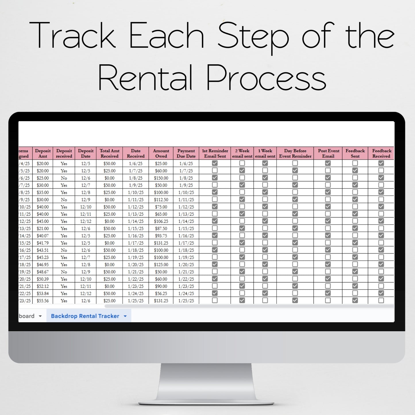 Backdrop Rental Tracker for Party Business Google Sheets and Excel Spreadsheet