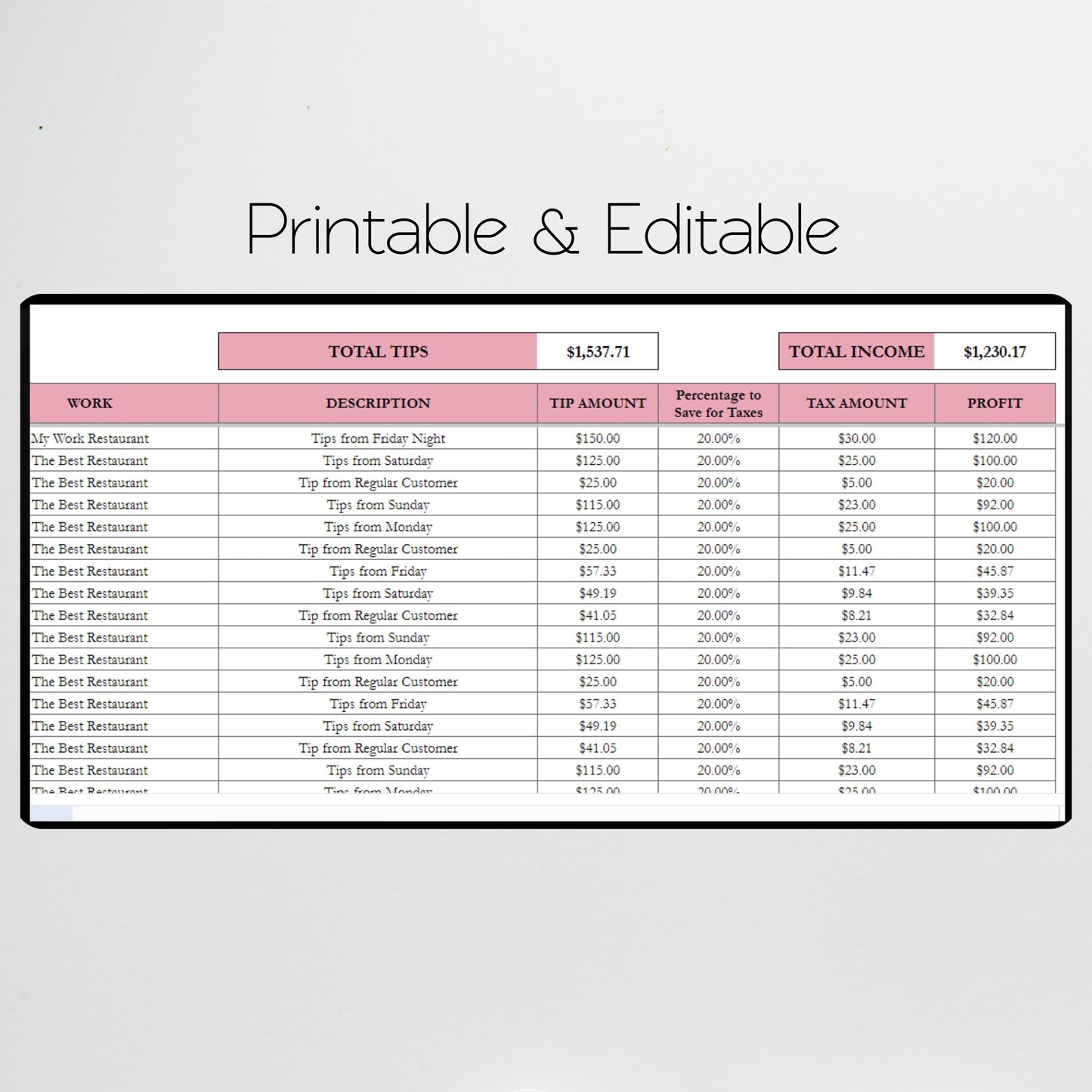 Tip Tracker Google Sheet and Excel Spreadsheet