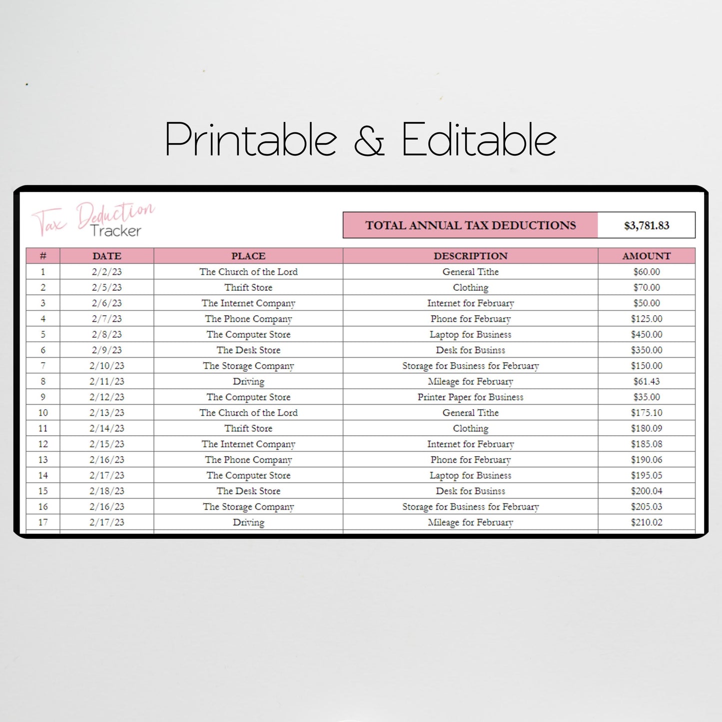 Tax Deduction Google Sheet and Excel Spreadsheet