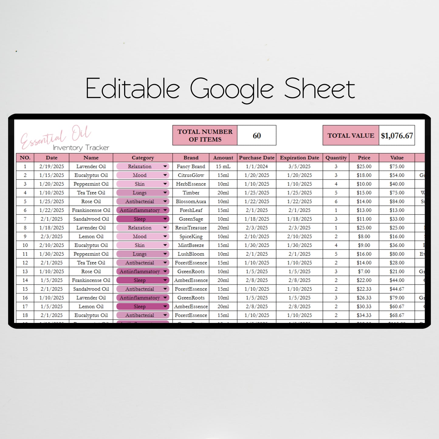 Essential Oil Inventory Tracker Template Google Sheet and Excel Spreadsheet