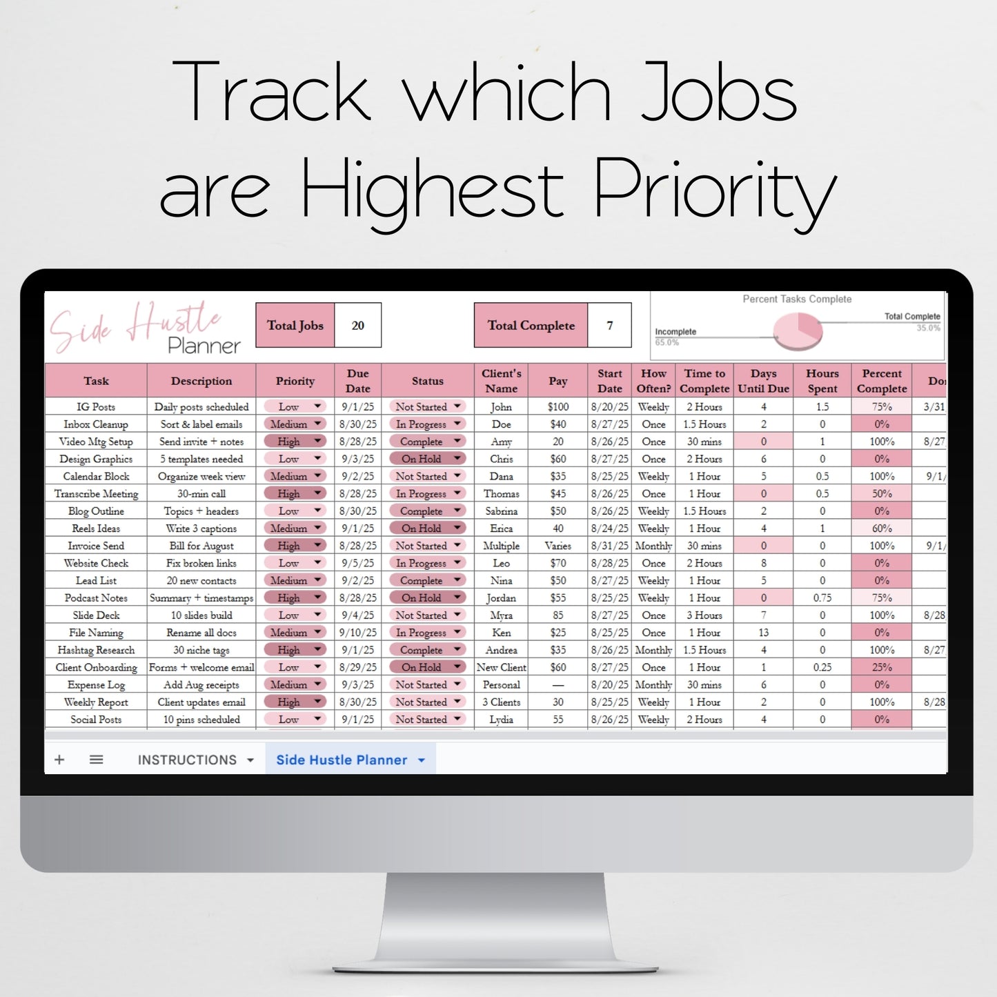 Side Hustle Planner Template for Google Sheets and Excel Spreadsheet