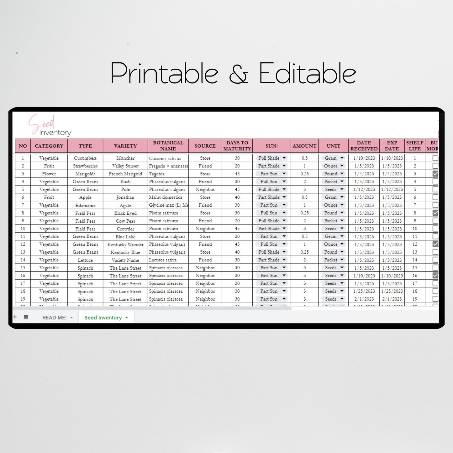 Seed Inventory Google Sheet and Excel Spreadsheet