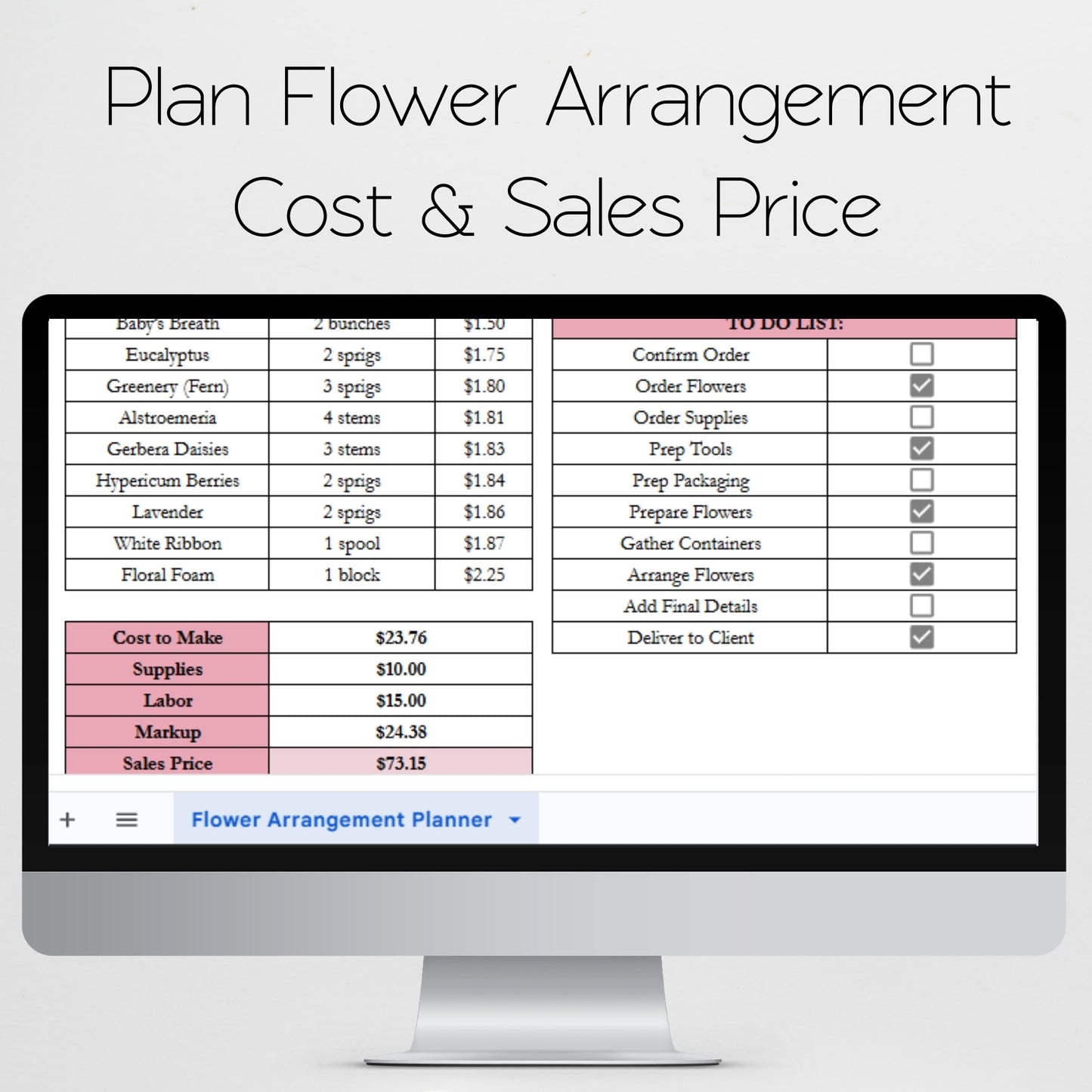 Flower Arrangement Planner Template Google Sheets and Excel Spreadsheet