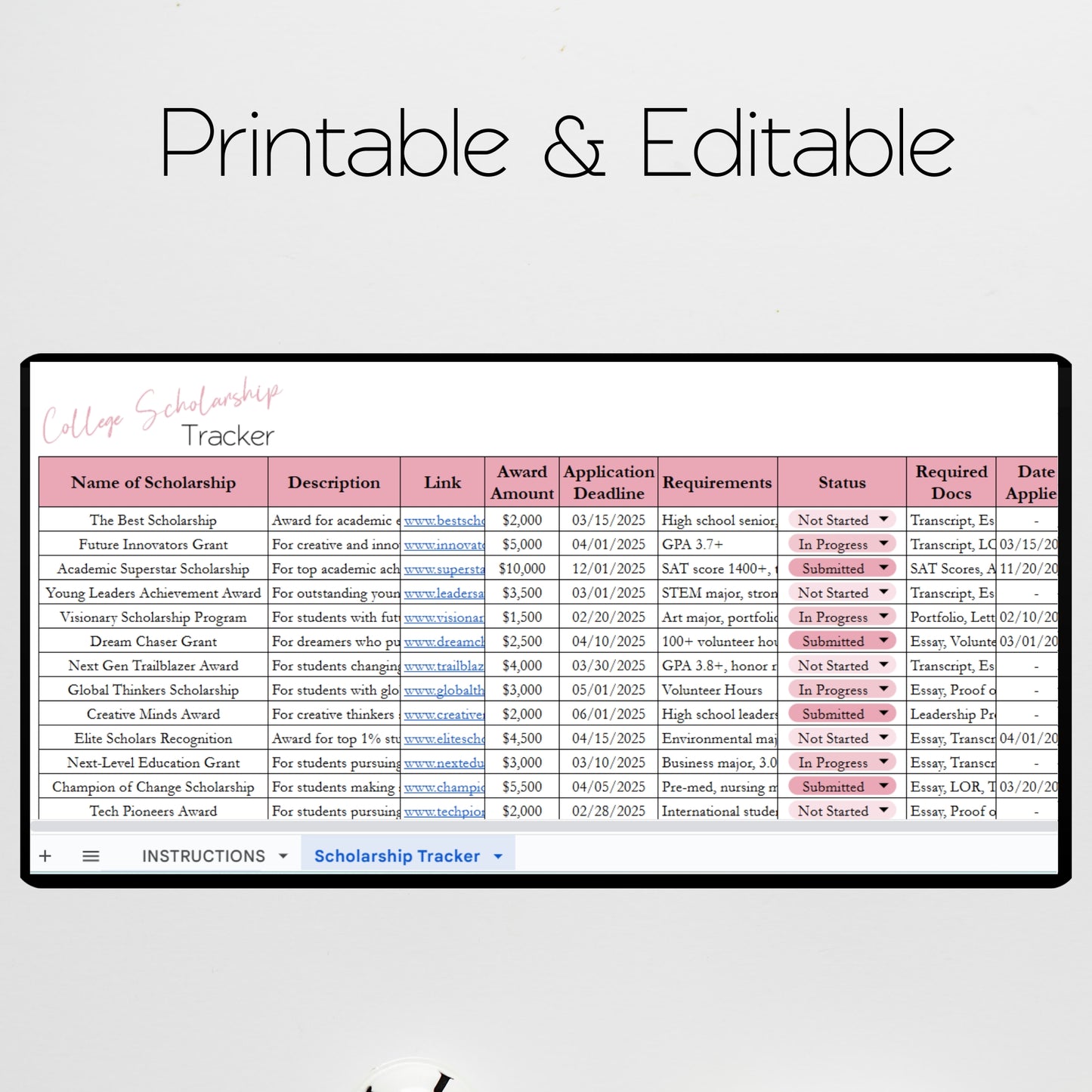 College Scholarship Tracker Template Google Sheets and Excel Spreadsheet