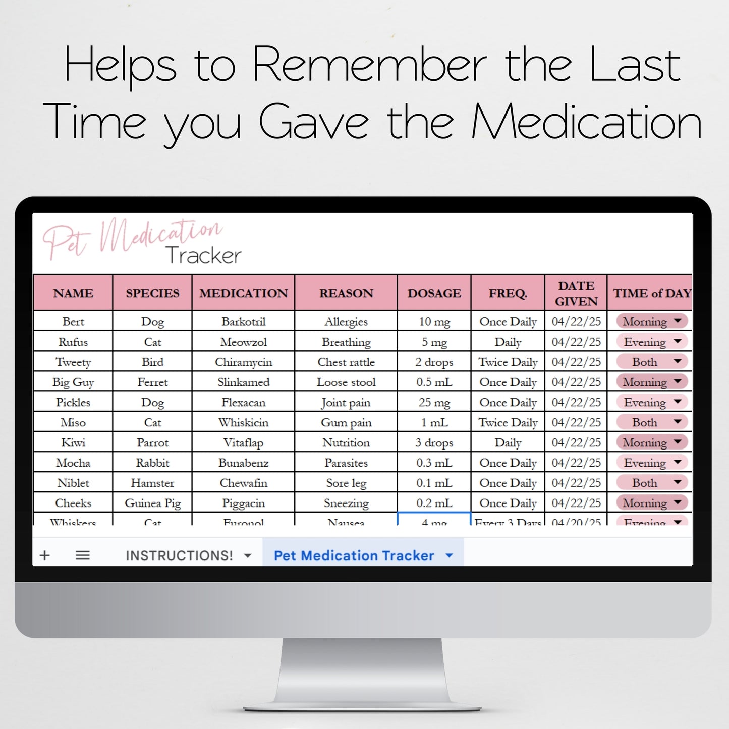 Pet Medication Tracker Template for Google Sheets and Excel Spreadsheet
