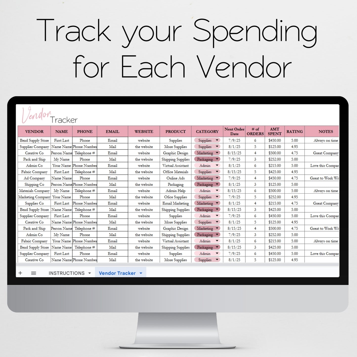 Vendor Tracker Template Google Sheets and Excel Spreadsheet