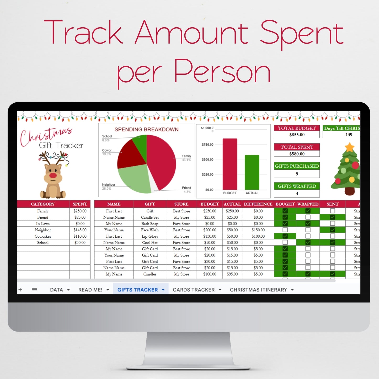 Christmas Gift Tracker Excel Spreadsheet, Holiday Budget Planner,