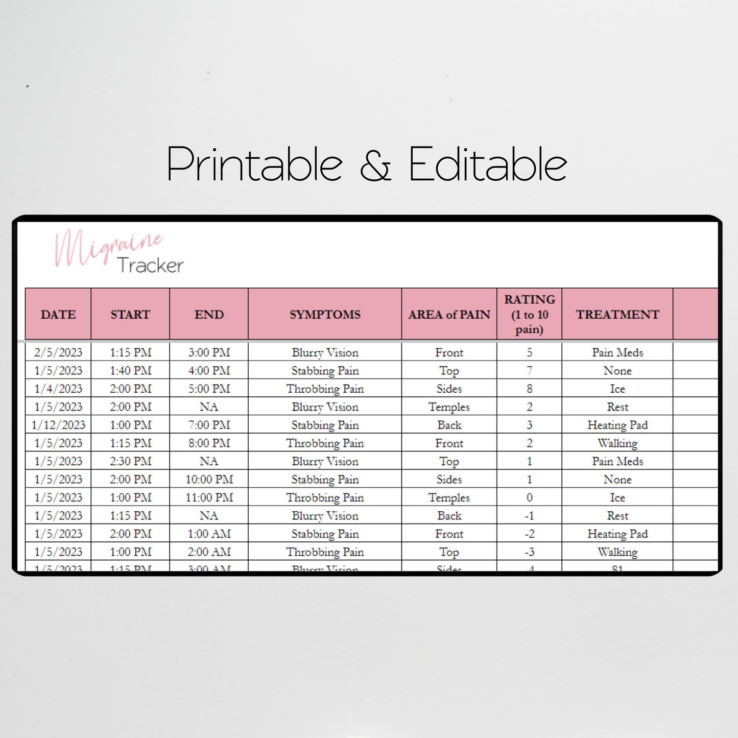 Migraine Tracker Google Sheet and Excel Spreadsheet