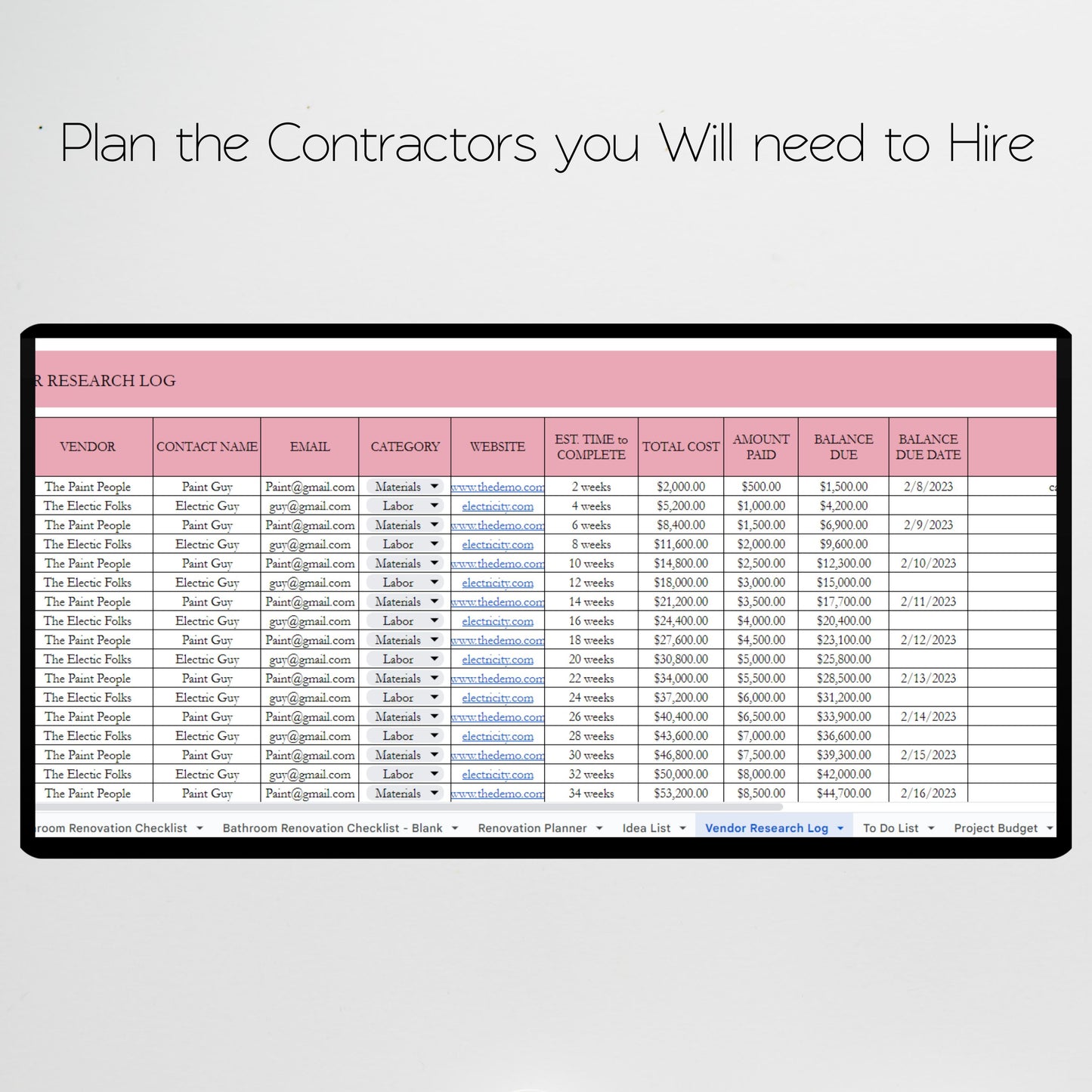 Bathroom Renovation Planner Google Sheet