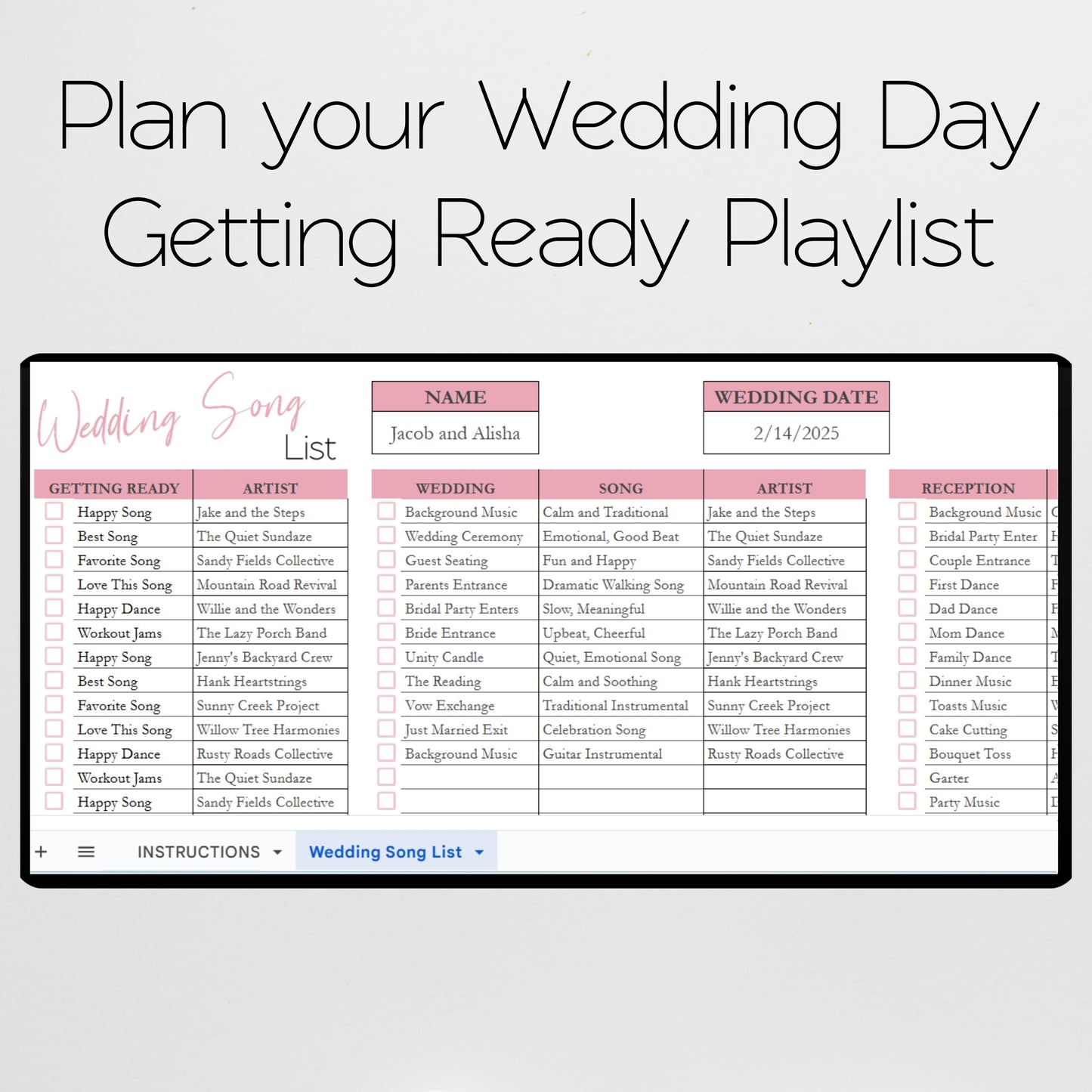 Wedding Song Playlist Template Google Sheets and Excel Spreadsheet