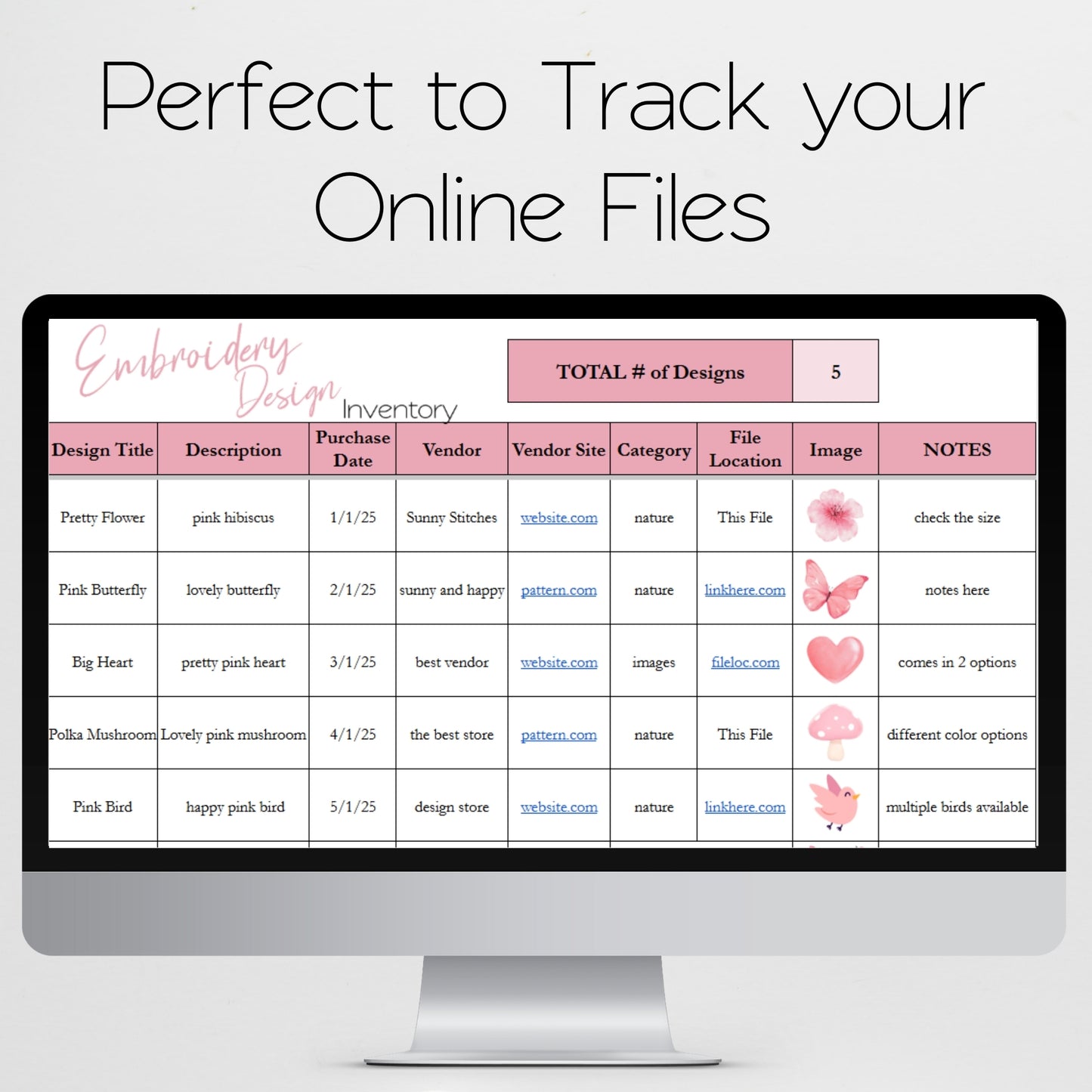 Embroidery Design Inventory Tracker Google Sheets Template and Excel Spreadsheet
