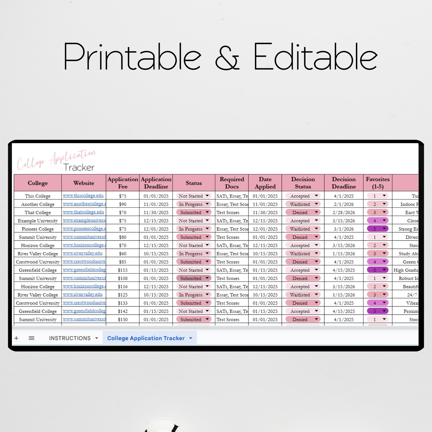 College Application Tracker Template Google Sheets and Excel Spreadsheet