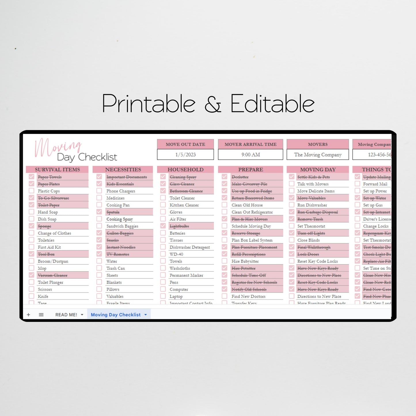 Moving Day Checklist Google Sheet and Excel Spreadsheet