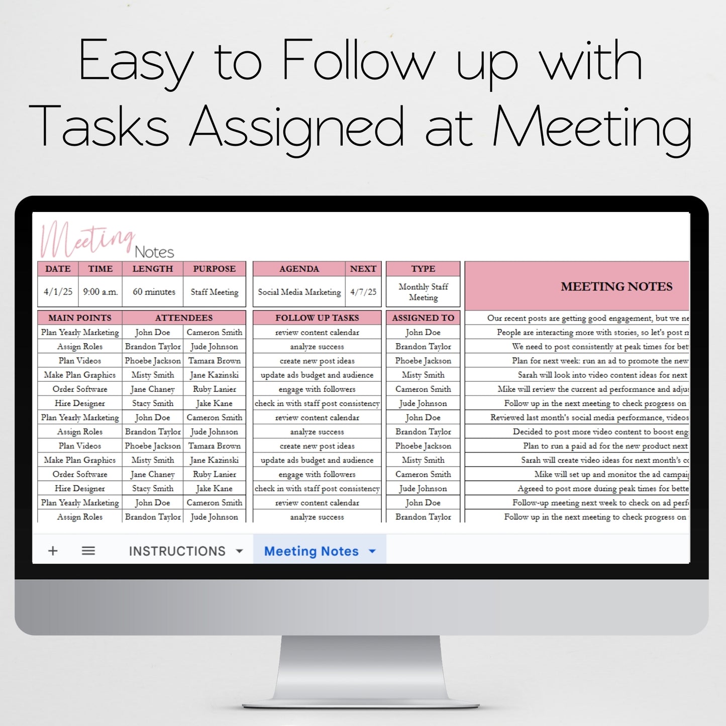 Meeting Notes Template Google Sheets and Excel Spreadsheet