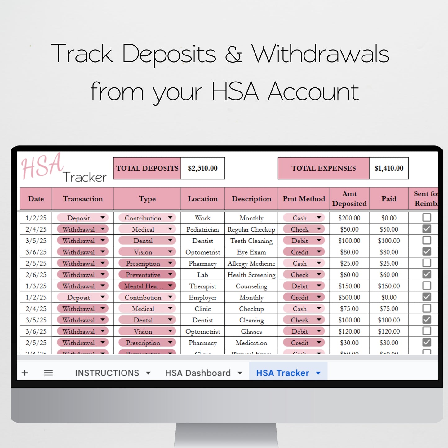 HSA Tracker Template FSA Tracker Google Sheets and Excel Spreadsheet