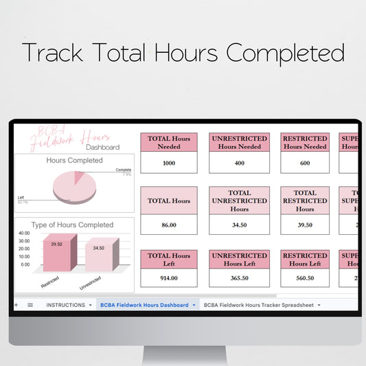 BCBA Fieldwork Hours Tracker Spreadsheet | BACB Supervised Fieldwork Log | BCaBA & RBT Hours Tracker | Google Sheets & Excel Spreadsheet Template