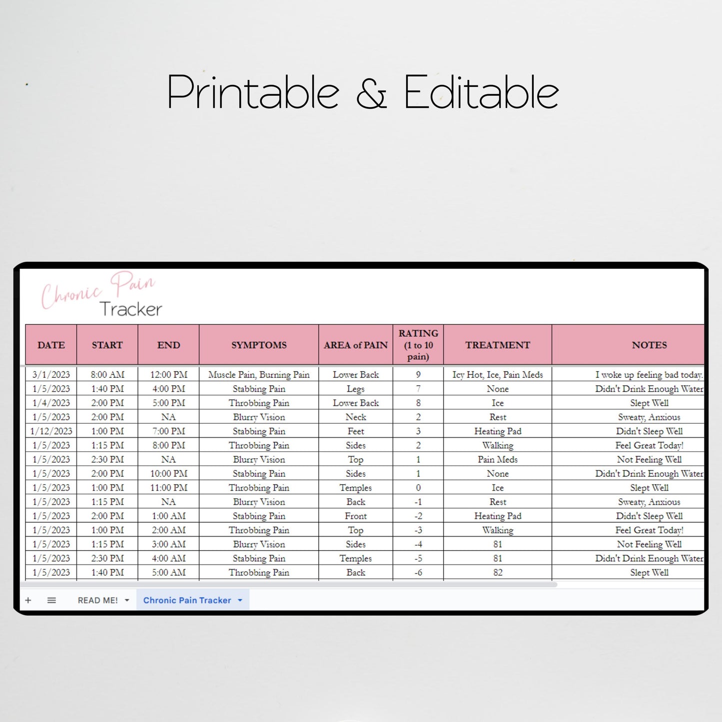 Chronic Pain Tracker Google Sheet