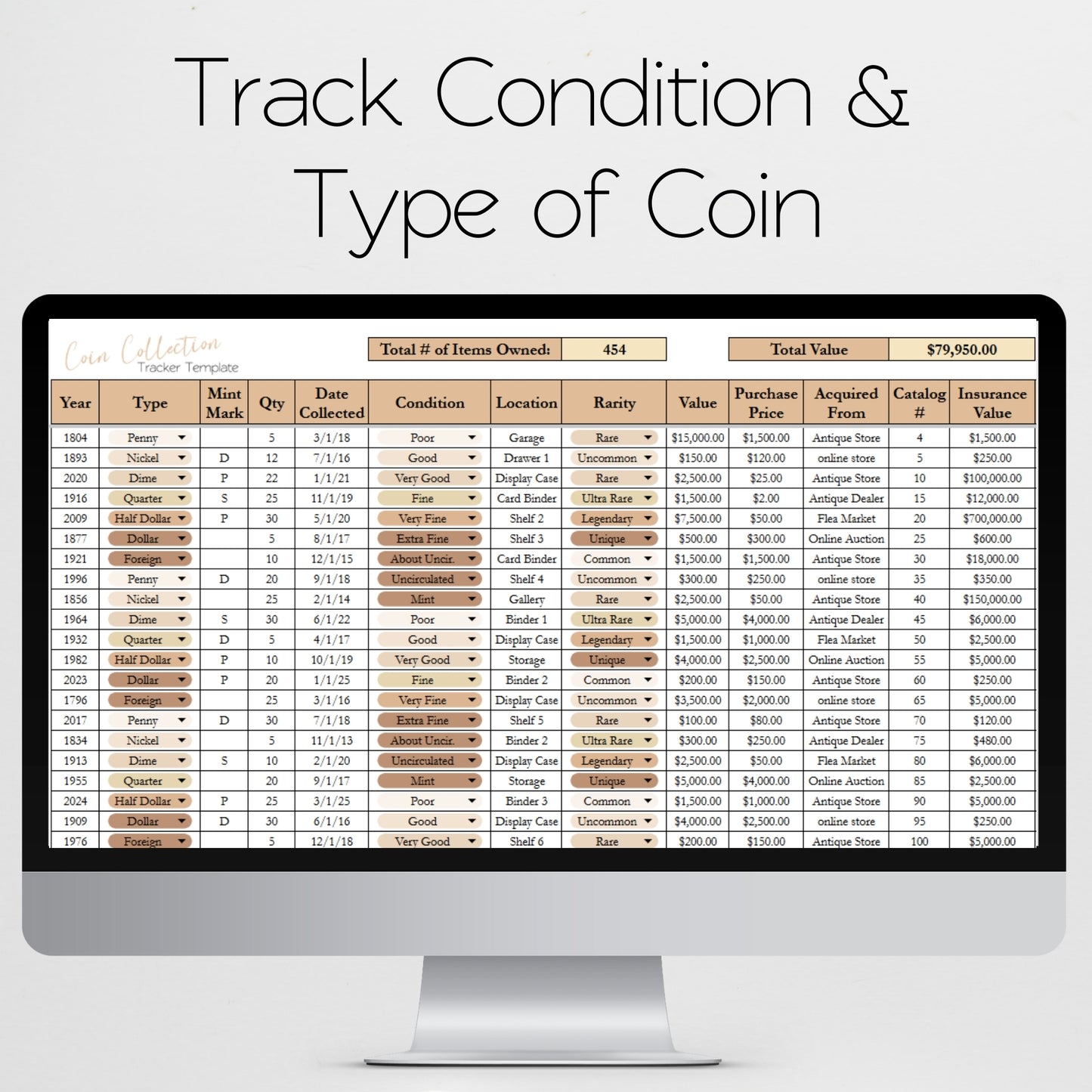 Coin Collection Inventory Spreadsheet Google Sheets and Excel Tracker